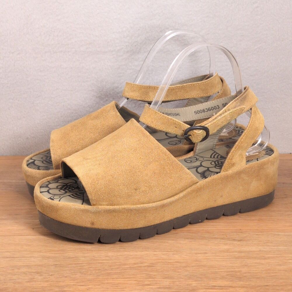 Fly London Women's 9-9.5 EU 40 Open Toe Platform Sandals Mustard Suede Portugal